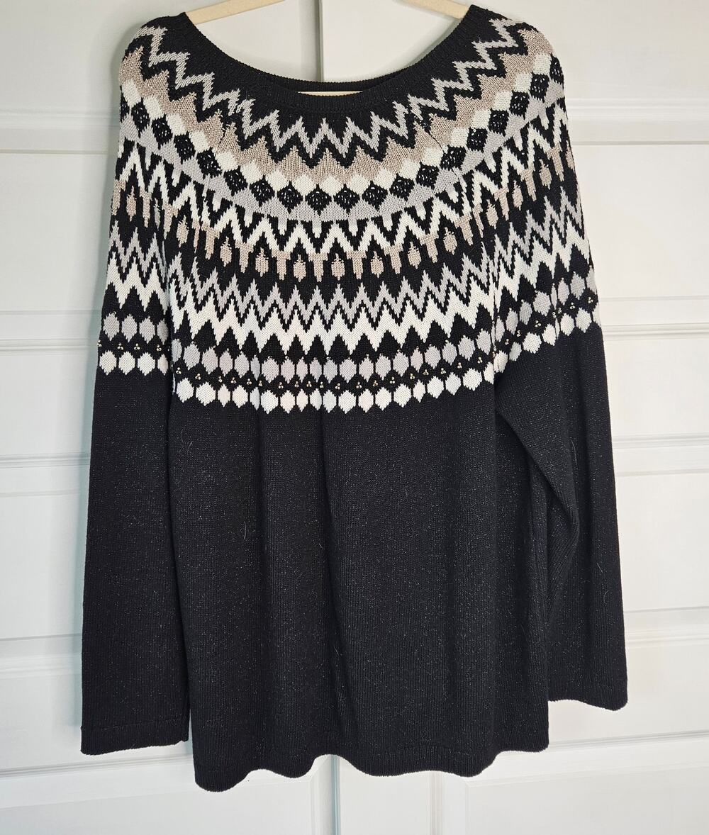 J Jill Fair Isle Beaded Metallic Sweater Black Sparkle Nordic Knit Top 1X ⁷